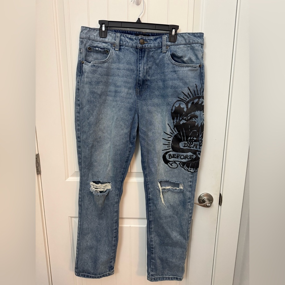 Ed Hardy Blue Relaxed Jeans with Black Graphic waist size 36